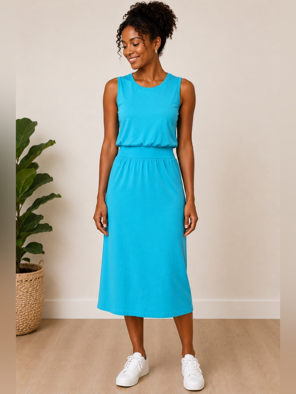 Athleta Turquoise Sleeveless Knit Midi Dress Cinched Waist Casual Athleisure